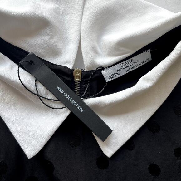 Women's Zara Black Polka Dot White Collared Blouse Zip Back Cropped‎ Top Medium - Picture 6 of 10
